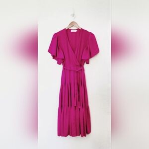 Women's Dress Sz Med Flowing Fuchsia Pink W/Ruffle Sleeves Petal&Pup Barbiecore